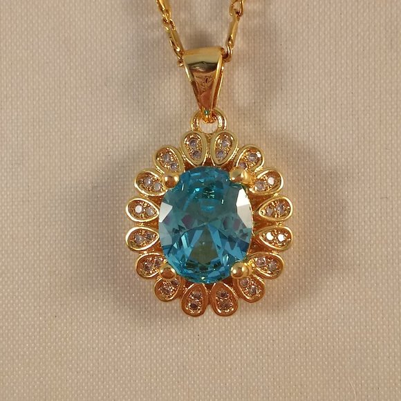 Jewelry - 18K Yellow Gold Filled Blue Diamond Zircon Flower Pendant Necklace 2.54ctw Gift
